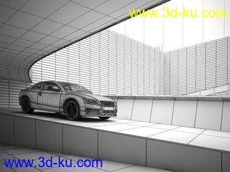 下坡道路场景,地下车库入口模型,奥迪汽车模型,3D模型的图片