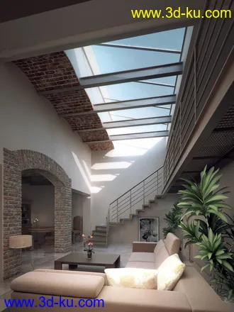 红砖房子模型,别墅场景,复式房子模型,玻璃天花场景,3D模型的图片