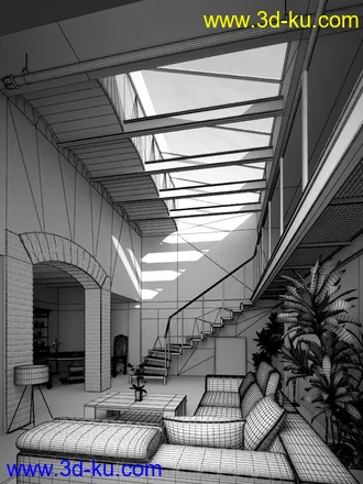 红砖房子模型,别墅场景,复式房子模型,玻璃天花场景,3D模型的图片