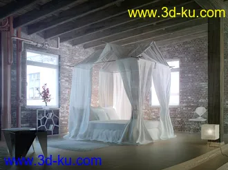蚊帐模型,大床,红砖卧室场景,3D模型的图片