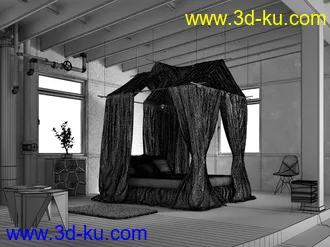 蚊帐模型,大床,红砖卧室场景,3D模型的图片