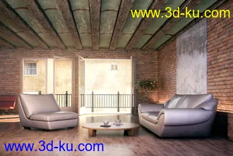 工厂式客厅场景,艺术仓库场景,沙发,红砖,木屋顶模型,3D模型的图片