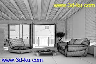 工厂式客厅场景,艺术仓库场景,沙发,红砖,木屋顶模型,3D模型的图片2
