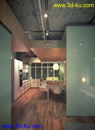木地板场景,厨房模型,水泥天花,3D模型的图片