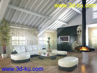 三角形天花,三角形屋顶,客厅模型,3D场景,3D模型的图片