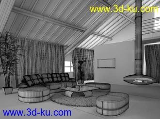 三角形天花,三角形屋顶,客厅模型,3D场景,3D模型的图片