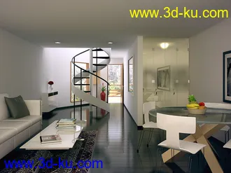 旋转楼梯模型,公寓模型,沙发,餐桌模型,3D模型的图片
