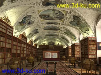 图书馆模型,藏经阁场景,阅览室模型,油画天花,木制地球仪模型,3D模型的图片