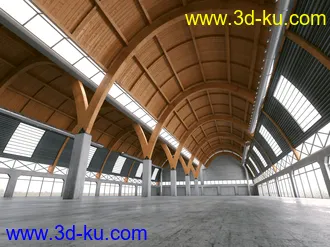 大型建筑,大铁棚,木结构大棚,3D模型的图片