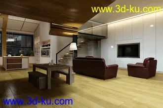 别墅场景,大型客厅场景,木地板,壁炉,饭桌,室内场景,3D模型的图片