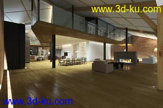 别墅场景,大型客厅场景,木地板,壁炉,饭桌,室内场景,3D模型的图片