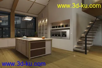别墅场景,大型客厅场景,木地板,壁炉,饭桌,室内场景,3D模型的图片