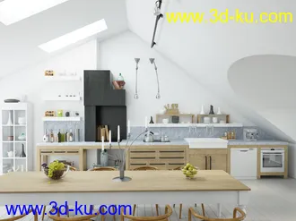 创意书房场景,书架,厨房,公寓模型,3D模型的图片