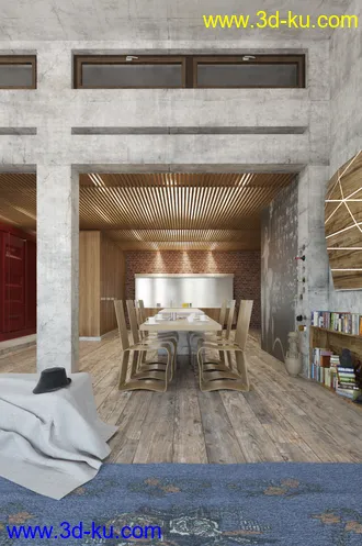 室内建筑,餐桌模型,沙发,书架模型,3D模型的图片