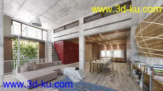 室内建筑,餐桌模型,沙发,书架模型,3D模型的图片