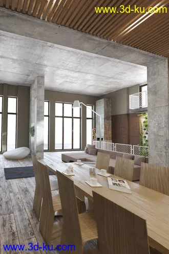 室内建筑,餐桌模型,沙发,书架模型,3D模型的图片