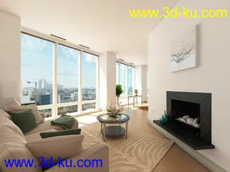 室内场景,壁炉模型,落地琉璃窗,沙发,茶几模型,3D模型的图片