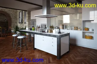 复古建筑模型,砖墙模型,室内场景,厨房场景,3D模型的图片