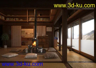 木房屋模型,坐垫,火炉模型,室内场景模型,3D模型的图片