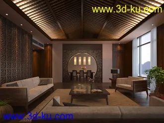 现代室内场景,客厅模型,木结构屋顶,3D模型的图片