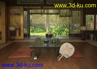 日本室内场景,竹帘模型,被炉模型,茶几模型,3D模型的图片