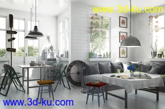 室内一角,饭厅模型,客厅模型,沙发,吊灯,窗户,3D模型的图片