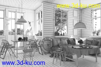 室内一角,饭厅模型,客厅模型,沙发,吊灯,窗户,3D模型的图片