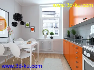 厨房模型,厨房场景,饭桌,厨柜,3D模型的图片