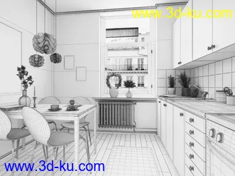 厨房模型,厨房场景,饭桌,厨柜,3D模型的图片