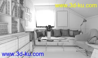 室内一角,书架模型,书籍,沙发模型,阁楼场景,3D模型的图片