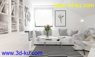 室内一角,书架模型,书籍,沙发模型,阁楼场景,3D模型的图片