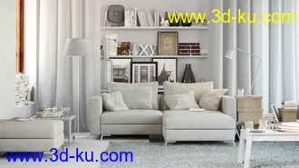 客厅场景,书架模型,沙发,立地灯模型,室内饰品,3D模型的图片1