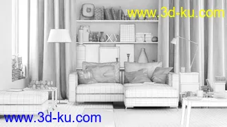 客厅场景,书架模型,沙发,立地灯模型,室内饰品,3D模型的图片2