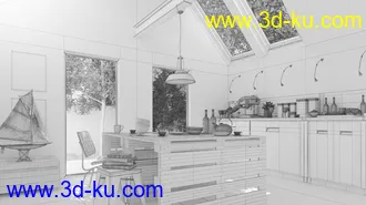 厨房场景,食物模型,餐具,天窗模型,3D模型的图片