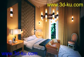 卧室场景,床模型,吊灯模型,窗帘模型,3D模型的图片