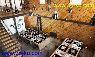 办公室场景,工作室模型,木墙壁,3D模型的图片