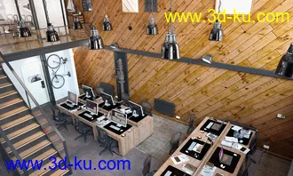 办公室场景,工作室模型,木墙壁,3D模型的图片