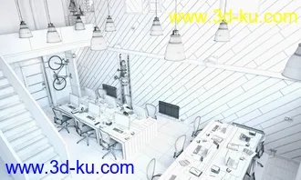 办公室场景,工作室模型,木墙壁,3D模型的图片