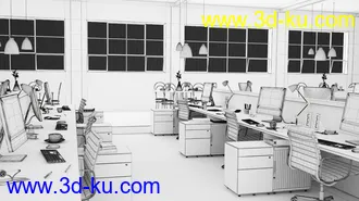 办公室模型,白色,电脑模型,坐椅模型,3D模型的图片