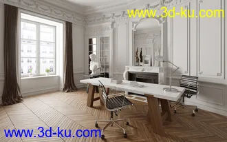 办公室场景,窗帘,窗户,雕塑,白色浮雕,3D模型的图片