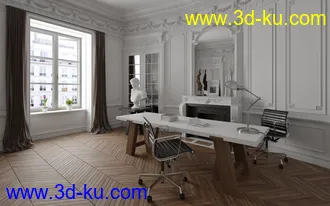 办公室场景,窗帘,窗户,雕塑,白色浮雕,3D模型的图片
