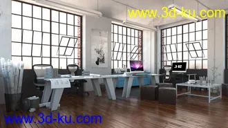 设计社场景,工作室,木地板,琉璃窗户,设计图纸模型,3D模型的图片
