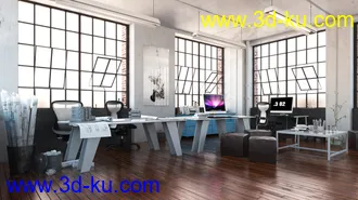 设计社场景,工作室,木地板,琉璃窗户,设计图纸模型,3D模型的图片