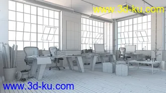 设计社场景,工作室,木地板,琉璃窗户,设计图纸模型,3D模型的图片