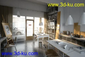 画室场景,画社,画板模型,图纸,3D模型的图片