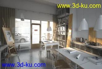 画室场景,画社,画板模型,图纸,3D模型的图片