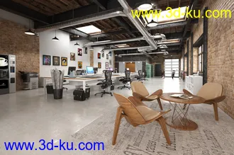 工作室场景,砖墙,打印机,壁画,办公桌椅模型,3D模型的图片