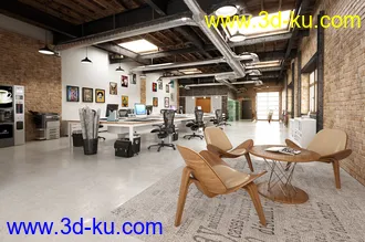 工作室场景,砖墙,打印机,壁画,办公桌椅模型,3D模型的图片