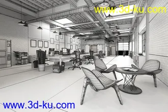 工作室场景,砖墙,打印机,壁画,办公桌椅模型,3D模型的图片