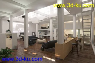 接待室场景,木地板,办公室,复式结构,3D模型的图片